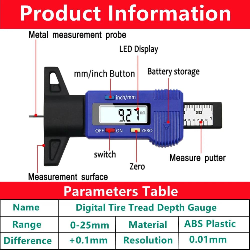 Digital tire profile measuring tool, LCD, mm/ inch, ABS, Portable - One Beast Garage